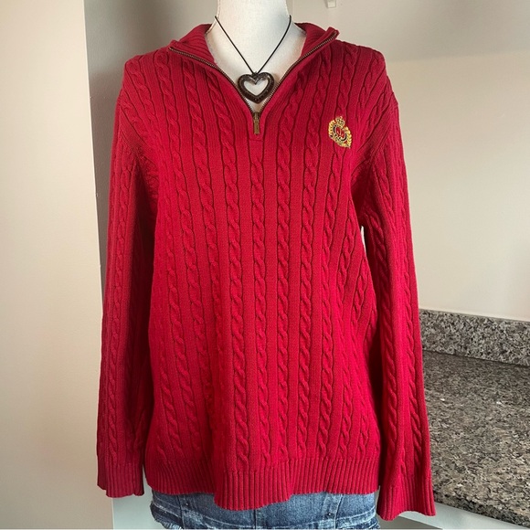 Lauren Ralph Lauren Large Red Embroidered Cable Knit Quarter Zip Sweater - Picture 1 of 7